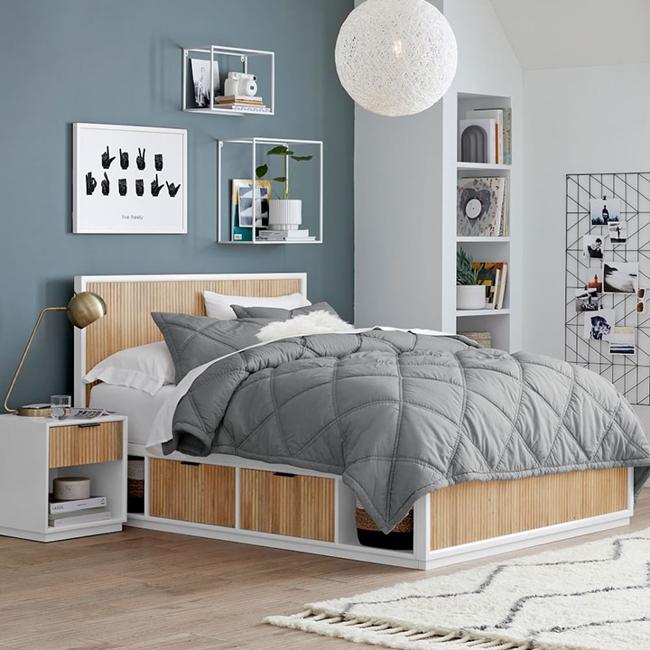 blue accent wall platform bed