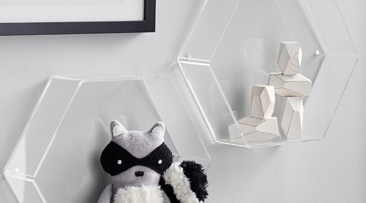 Acrylic hexagon shelves with toys inside