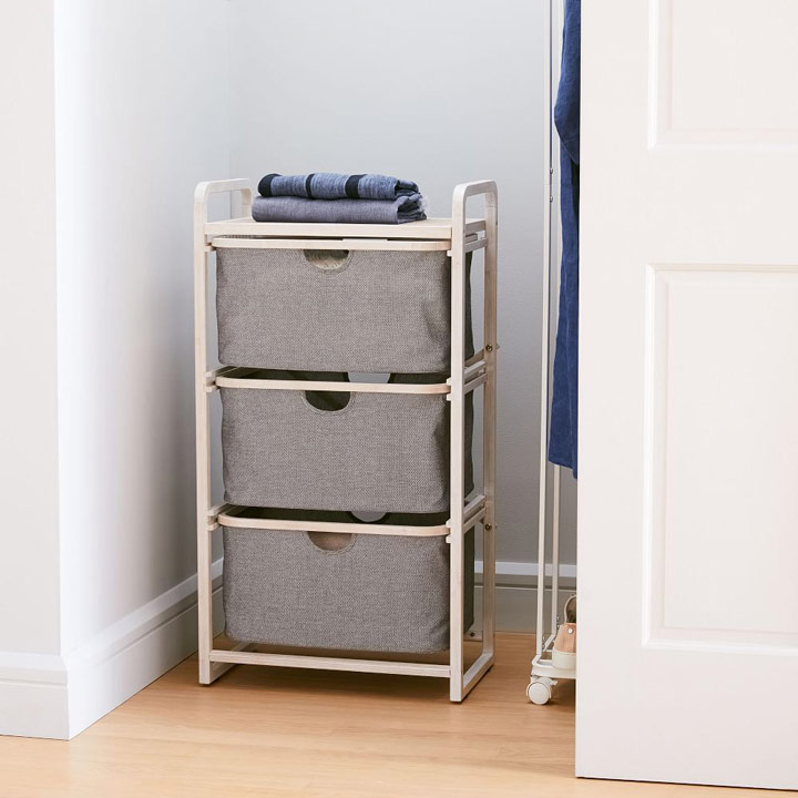 Storage with three drawers in closet.