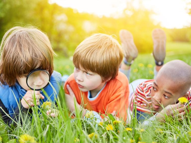 Drei Kinder liegen bäuchlings bei Sonnenschein auf der Wiese. Eines schaut durch eine Lupe, so als seien sie auf der Suche nach etwas.