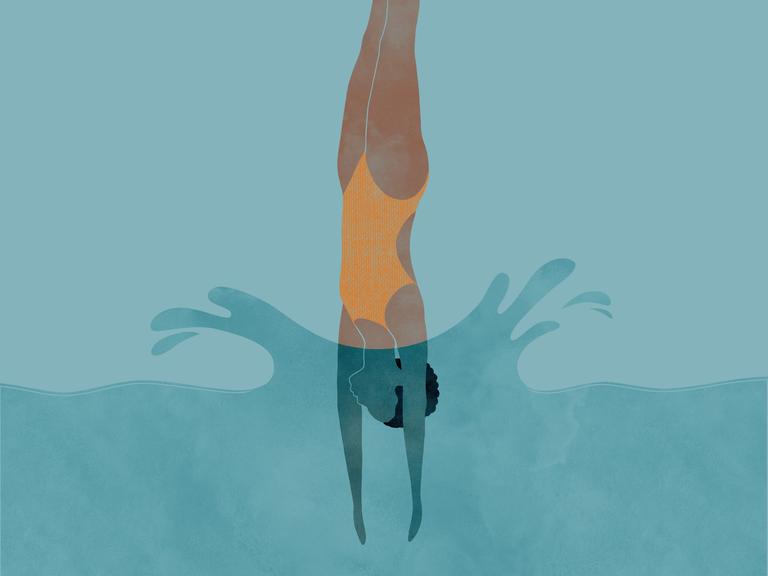 Die Turmspringerinnen: Die Zeichnung zur Episode 6 des Podcasts zeigt eine Turmspringerin, die am Ende ihres Sprungs gestreckt kopfüber ins Wasser eintaucht.