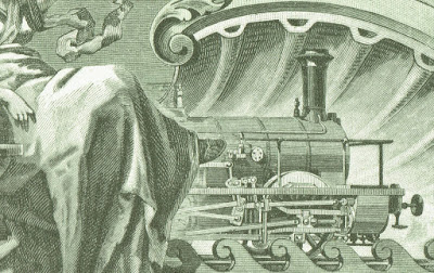 vignette with allegorical woman and locomotive, taken from share certificate