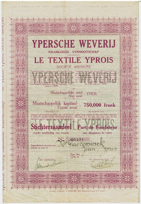 Stichtersaandeel in  Ypersche Weverij - Le Textile Yprois uit Ieper