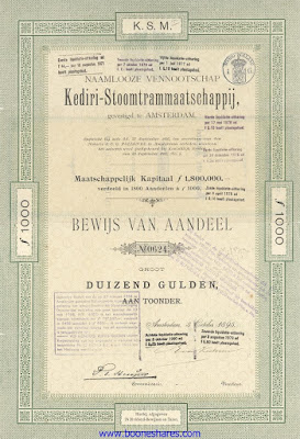 aandeel uit 1895 van de Kediri-Stoomtrammaatschappij, Kediri Steam Tramway Company share from 1895