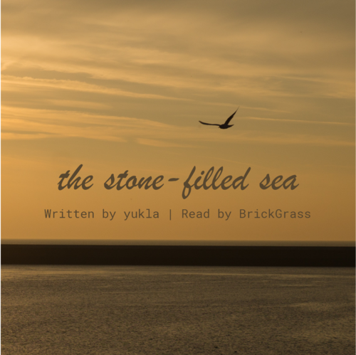 Podfic cover art. An orange toned picture of the sea and sky, a bird in shadow is in flight. Text reads: the stone filled sea, written by yukla, read by brickgrass.