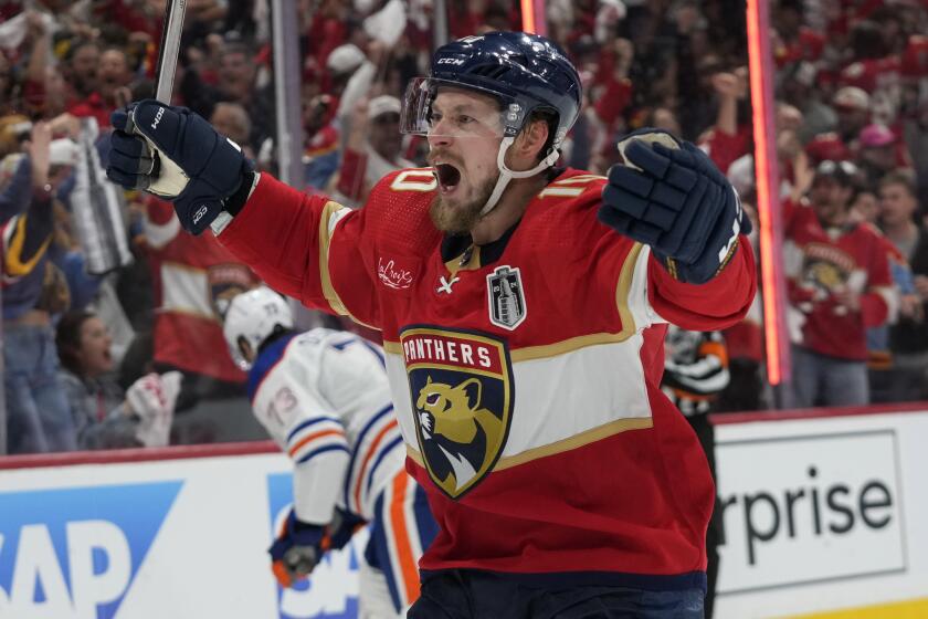 Florida Panthers right wing Vladimir Tarasenko (10) reacts after defenseman Niko Mikkola.