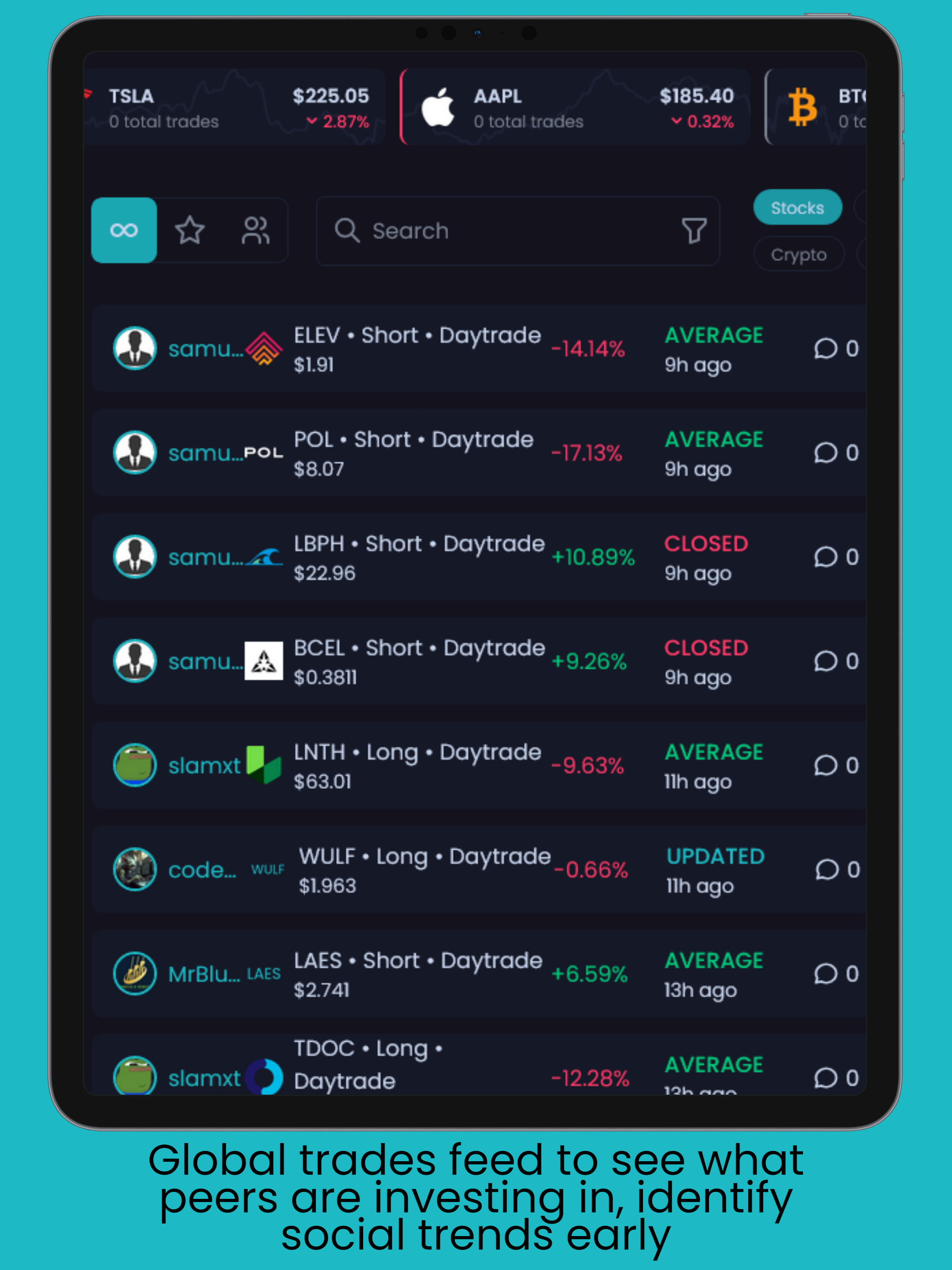 Latest trades, top traders, or positions from traders you follow