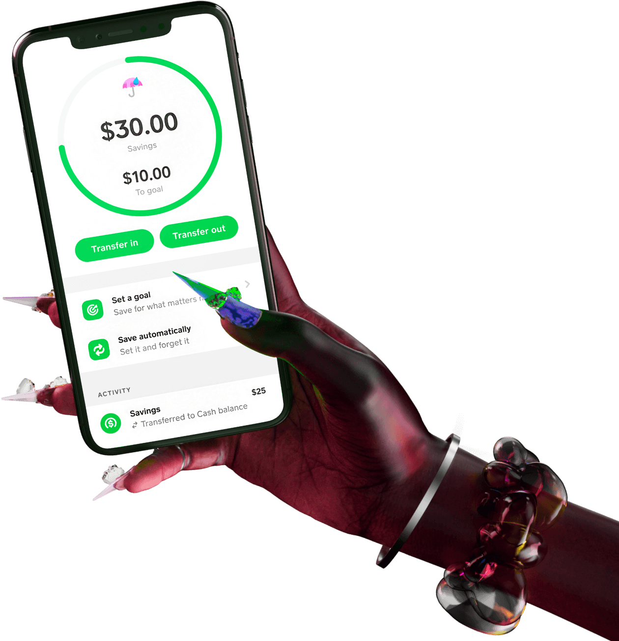 hand holding a phone with Cash App mobile app on Savings screen