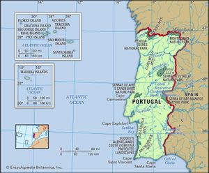 Portugal. Physical features map. Includes Azores and Madeira Islands. Includes locator.