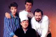 Saturday Night Fry. Image shows from L to R: Emma Thompson, Stephen Fry, Hugh Laurie, Jim Broadbent. Copyright: BBC