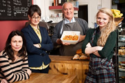 Secrets And Lattes. Image shows from L to R: Trisha (Julie Graham), Clare (Hilary Lyon), Krzysztof (Simon Greenall), Lizzie (Pearl Appleby). Copyright: ABsoLuTeLy Productions