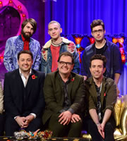 Alan Carr: Chatty Man. Image shows from L to R: Jason Manford, Mikey Goldsworthy, Olly Alexander, Alan Carr, Nick Grimshaw, Emre Türkmen. Copyright: Open Mike Productions