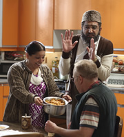 Citizen Khan. Image shows from L to R: Mrs Khan (Shobu Kapoor), Mr Khan (Adil Ray), Keith (Phil Nice). Copyright: BBC