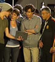 Episodes. Image shows from L to R: Beverly Lincoln (Tamsin Greig), Sean Lincoln (Stephen Mangan), Matt LeBlanc (Matt LeBlanc). Copyright: Hat Trick Productions / BBC