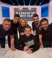 A League Of Their Own. Image shows from L to R: Andrew Flintoff, Wojciech Szczesny, Jennifer Saunders, James Corden, Jack Whitehall, Alex Brooker. Copyright: CPL Productions