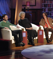 The Bubble. Image shows from L to R: Jon Richardson, Germaine Greer, Ed Byrne. Copyright: Hat Trick Productions