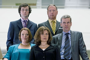 The Thick Of It. Image shows from L to R: Oliver Reeder (Chris Addison), Terri Coverley (Joanna Scanlan), Nicola Murray (Rebecca Front), Glenn Cullen (James Smith), Malcolm Tucker (Peter Capaldi). Copyright: BBC