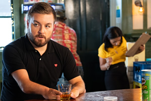 Alex Brooker's Comedy Short. Image shows from L to R: Alex (Alex Brooker), Steph (Kathryn Drysdale). Copyright: Open Mike Productions