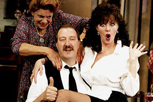 'Allo 'Allo!. Image shows from L to R: Edith Melba Artois (Carmen Silvera), René François Artois (Gorden Kaye), Yvette Carte-Blanche (Vicki Michelle). Copyright: BBC