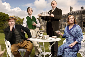 Blandings. Image shows from L to R: Clarence (Timothy Spall), Freddie (Jack Farthing), Beach (Mark Williams), Connie (Jennifer Saunders). Copyright: Mammoth Screen