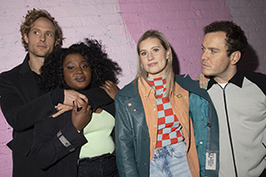 Cheaters. Image shows from L to R: Zack (Jack Fox), Fola (Susan Wokoma), Esther (Callie Cooke), Josh (Joshua McGuire)