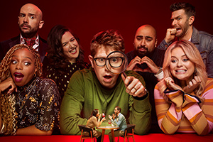 Dating No Filter. Image shows from L to R: London Hughes, Tom Allen, Rosie Jones, Josh Widdicombe, Asim Chaudhry, Emily Atack, Joel Dommett