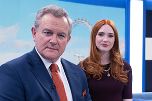 Douglas Is Cancelled. Image shows left to right: Douglas (Hugh Bonneville), Madeline (Karen Gillan)