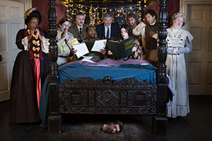 Ghosts. Image shows left to right: Kitty (Lolly Adefope), Pat (Jim Howick), Captain (Ben Willbond), Mike (Kiell Smith-Bynoe), Julian (Simon Farnaby), Alison (Charlotte Ritchie), Robin (Laurence Rickard), Thomas (Mathew Baynton), Lady Button (Martha Howe-Douglas)