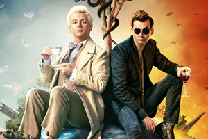 Good Omens. Image shows from L to R: Aziraphale (Michael Sheen), Crowley (David Tennant)