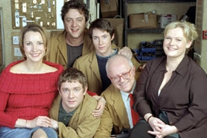 Hardware. Image shows from L to R: Anne (Susan Earl), Kenny (Peter Serafinowicz), Mike (Martin Freeman), Steve (Ryan Cartwright), Rex (Ken Morley), Julie (Ella Kenion). Copyright: TalkbackThames