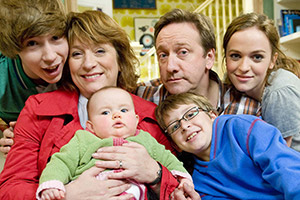 Life Of Riley. Image shows from L to R: Danny Riley (Taylor Fawcett), Maddy Riley (Caroline Quentin), Ted Jackson (Patrick Nolan), Jim Riley (Neil Dudgeon), Katy Riley (Lucinda Dryzek). Copyright: Catherine Bailey Productions Limited