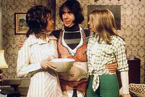 Man About The House. Image shows left to right: Chrissy Plummer (Paula Wilcox), Robin Tripp (Richard O'Sullivan), Jo (Sally Thomsett). Credit: Thames Television