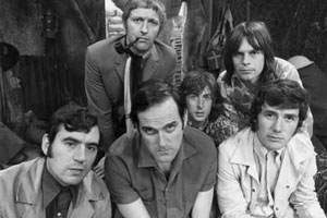 Monty Python group. Image shows left to right: Graham Chapman, Terry Gilliam, Peter Dion Titheradge, Terry Jones, Carol Cleveland, Eric Idle