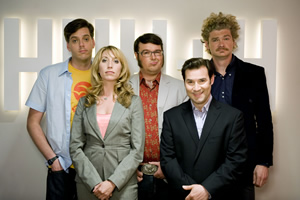 The Persuasionists. Image shows from L to R: Billy Hitchens (Iain Lee), Emma (Daisy Haggard), Clive Johnson (Jarred Christmas), Greg Bannister (Adam Buxton), Keaton (Simon Farnaby). Copyright: Bwark Productions