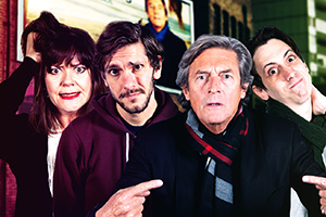 Reluctant Persuaders. Image shows from L to R: Amanda (Josie Lawrence), Joe (Mathew Baynton), Hardacre (Nigel Havers), Teddy (Rasmus Hardiker). Copyright: ABsoLuTeLy Productions