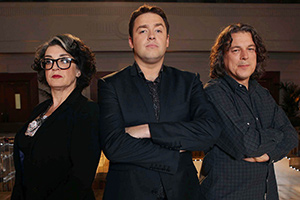 Show Me The Funny. Image shows from L to R: Kate Copstick, Jason Manford, Alan Davies. Copyright: Big Talk Productions