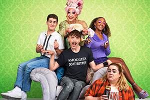 Smoggie Queens. Image shows left to right: Stewart (Elijah Young), Mam (Mark Benton), Dickie (Phil Dunning), Lucinda (Alexandra Mardell), Sal (Patsy Lowe)