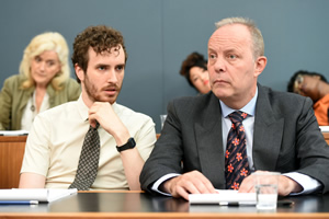 We The Jury. Image shows from L to R: Jen 1 (Sophie Thompson), William (Edward Easton), Mr Martin (David Schaal). Copyright: Big Talk Productions