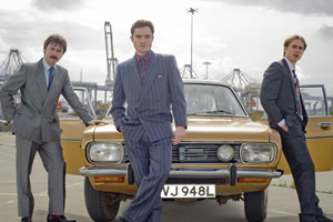 White Gold. Image shows from L to R: Brian Fitzpatrick (James Buckley), Vincent Swan (Ed Westwick), Martin Lavender (Joe Thomas). Copyright: Fudge Park