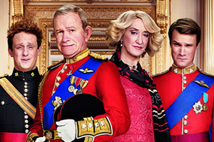 The Windsors. Image shows from L to R: Harry (Richard Goulding), Charles (Harry Enfield), Camilla (Haydn Gwynne), Wills (Hugh Skinner). Copyright: Noho Film and TV