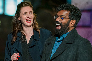 Avoidance. Image shows from L to R: Claire (Jessica Knappett), Jonathan (Romesh Ranganathan)