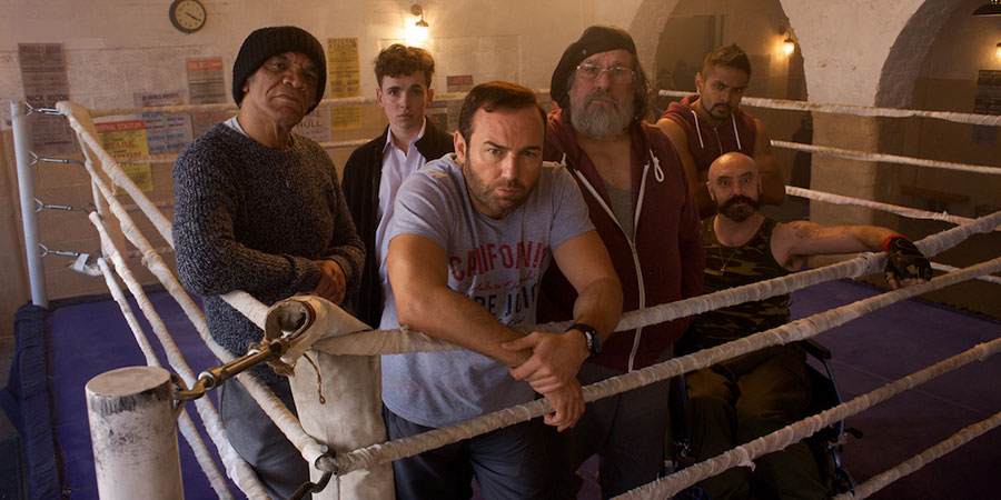 Gloves Off. Image shows from L to R: Albert (Paul Barber), Donny (Laurie Kynaston), Douglas (Brad Moore), Mick (Ricky Tomlinson), Riz (Kab Silva), Davros (Gary Cargill)