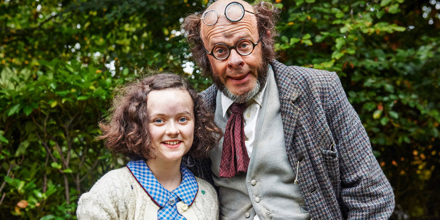 Professor Branestawm. Image shows from L to R: Connie (Madeline Holliday), Professor Branestawm (Harry Hill). Copyright: BBC