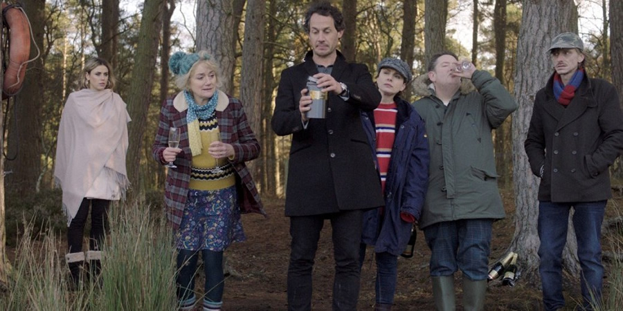 Tales From The Lodge. Image shows from L to R: Martha (Laura Fraser), Emma (Sophie Thompson), Paul (Dustin Demri-Burns), Miki (Kelly Wenham), Russell (Johnny Vegas), Joe (Mackenzie Crook)