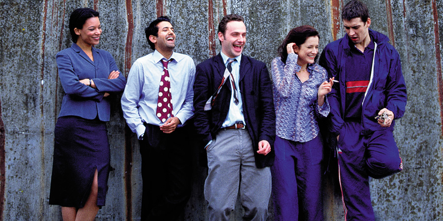 Teachers. Image shows from L to R: Jenny Page (Nina Sosanya), Kurt McKenna (Navin Chowdhry), Simon Casey (Andrew Lincoln), Susan Gately (Raquel Cassidy), Brian Steadman (Adrian Bower). Copyright: Tiger Aspect Productions