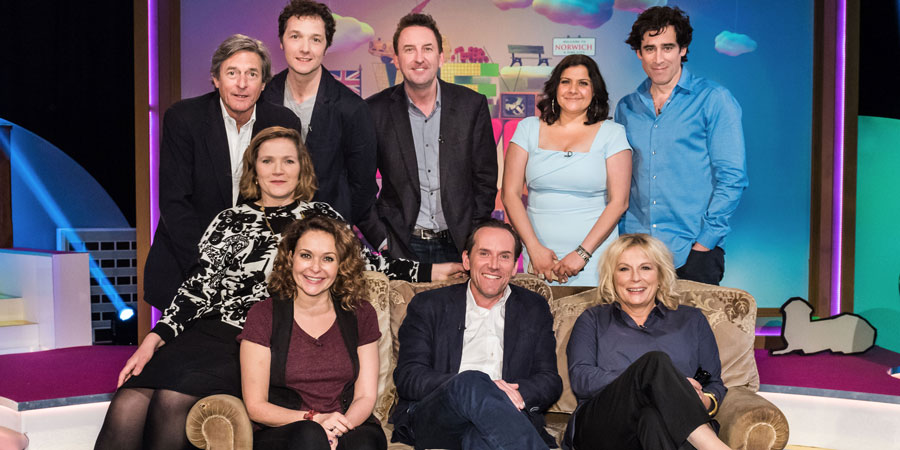 We Love Sitcom. Image shows from L to R: Nigel Havers, Jessica Hynes, Chris Addison, Julia Sawalha, Lee Mack, Ben Miller, Nina Wadia, Jennifer Saunders, Stephen Mangan. Copyright: Phil McIntyre Entertainment