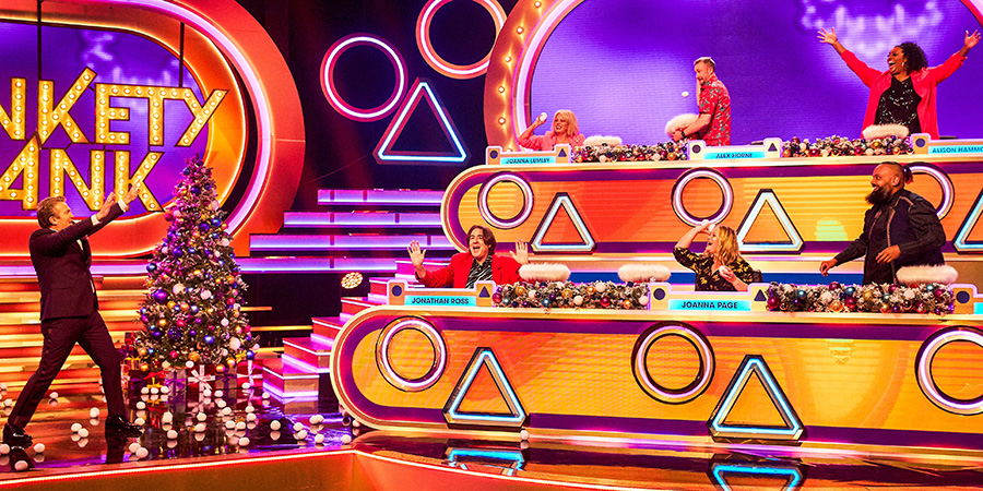 Blankety Blank. Image shows left to right: Bradley Walsh, Jonathan Ross, Joanna Lumley, Alex Horne, Joanna Page, Guz Khan, Alison Hammond