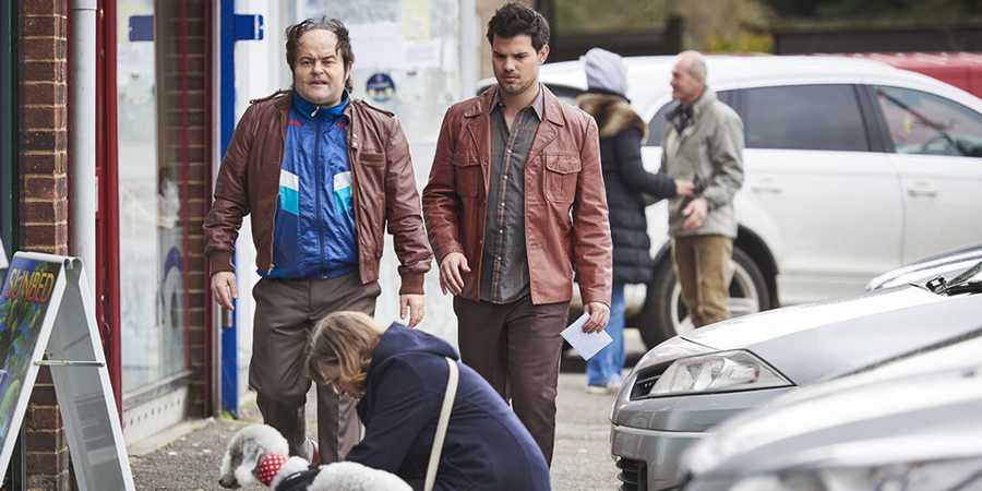 Cuckoo. Image shows from L to R: Steve (Kenneth Collard), Dale (Taylor Lautner). Copyright: Roughcut Television