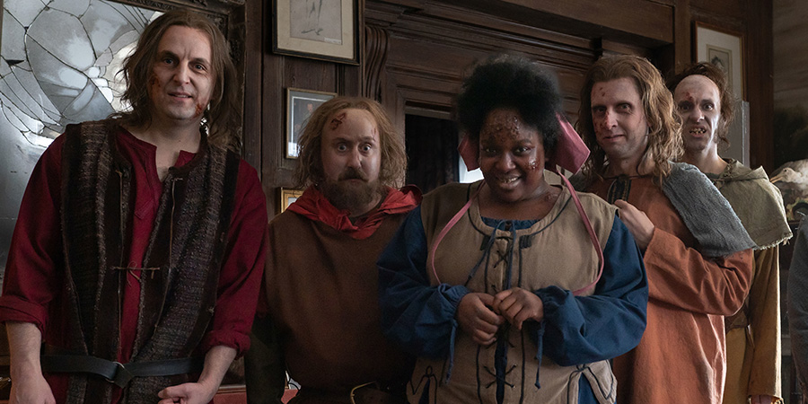 Ghosts. Image shows left to right: Ben Willbond, Jim Howick, Kitty (Lolly Adefope), Laurence Rickard, Mathew Baynton