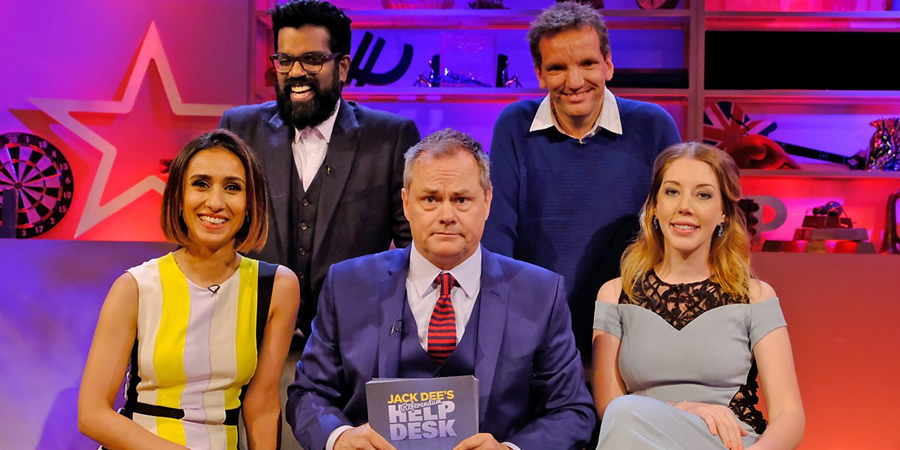 Jack Dee's HelpDesk. Image shows from L to R: Anita Rani, Romesh Ranganathan, Jack Dee, Henning Wehn, Katherine Ryan